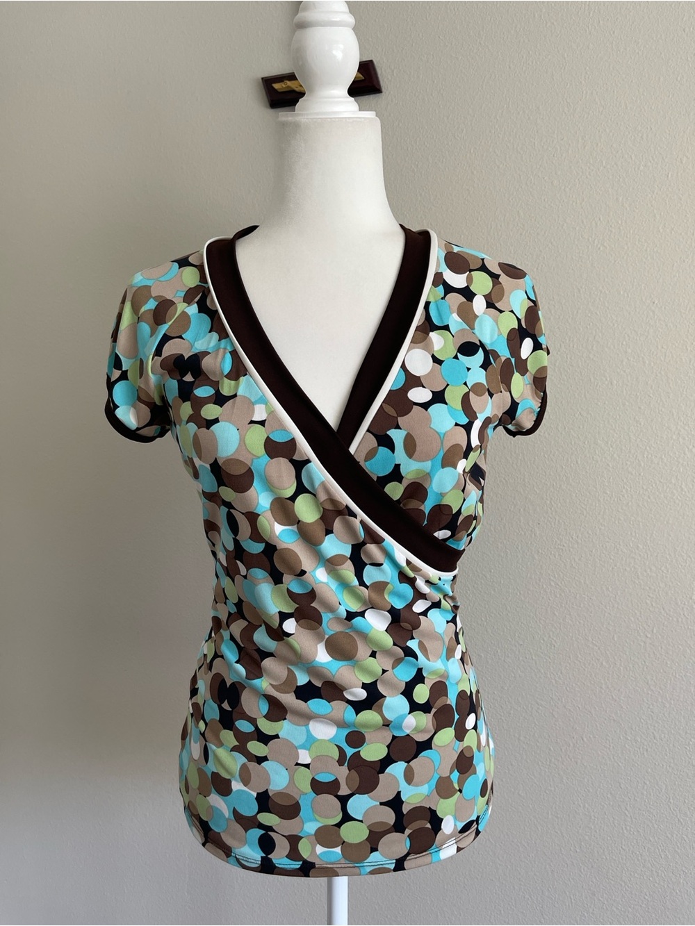 Wrap-Style Polka Dot Short Sleeve Top in Brown and Aqua